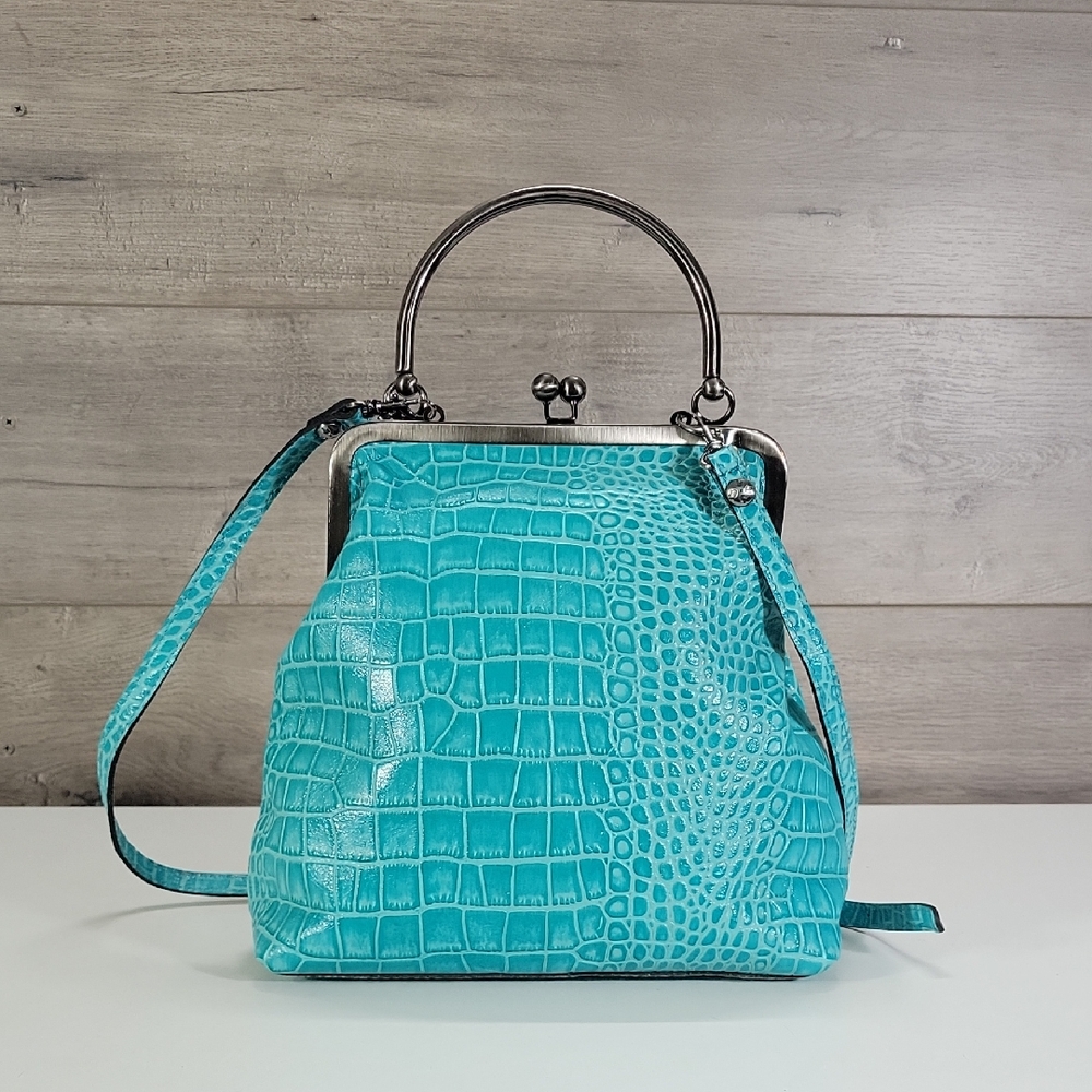 Patricia Nash Laureana Frame Aqua Croco Satchel Crossbody Shoulder Bag Purse